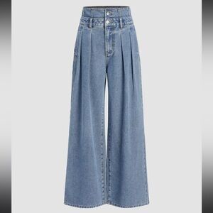 NWT Cider DOUBLE HIGH RISE SOLID BUTTON Wide Leg Jeans Light / Medium Wash
